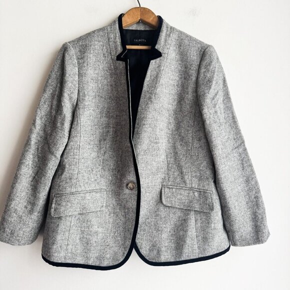 Talbots Grey Wool Blend Herringbone Classic One bUtton Blazer 14 - Picture 2 of 7